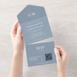 Modern Dusty Blue Monogram QR code RSVP Weddenscha All In One Uitnodiging