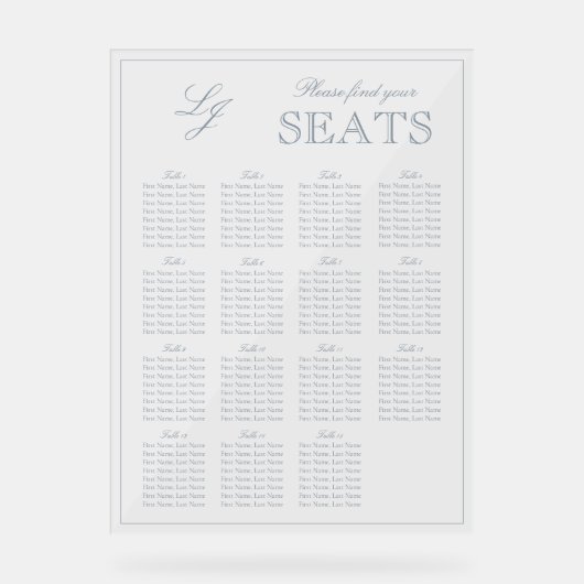 Modern Dusty Blue Monogram Script Wedding Seat Acryl Bord (Voorkant)