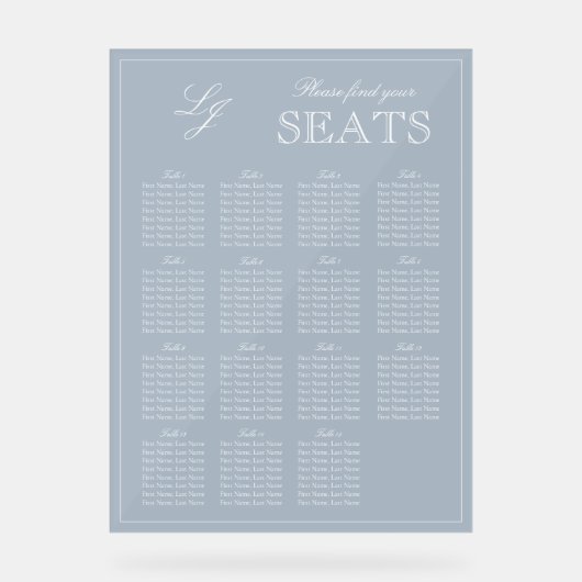 Modern Dusty Blue Monogram Script Wedding Seat Acryl Bord (Voorkant)