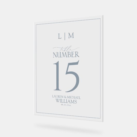 Modern Dusty Blue Monogram Trouwtafel Nummer Acryl Bord (Hoek)