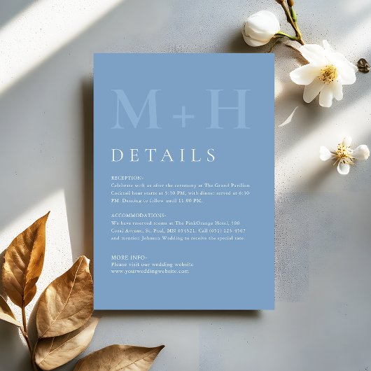 Modern Dusty Blue Monogram Wedding Details Informatiekaartje