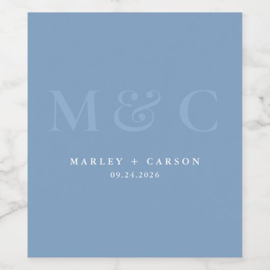 Modern Dusty Blue Monogram Wedding  Wijn Etiket (Enkel label)
