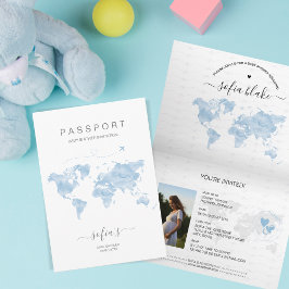 Modern Dusty Blue Passport Wereldkaart Baby shower