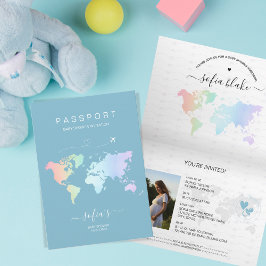 Modern Dusty Blue Passport Wereldkaart Baby shower