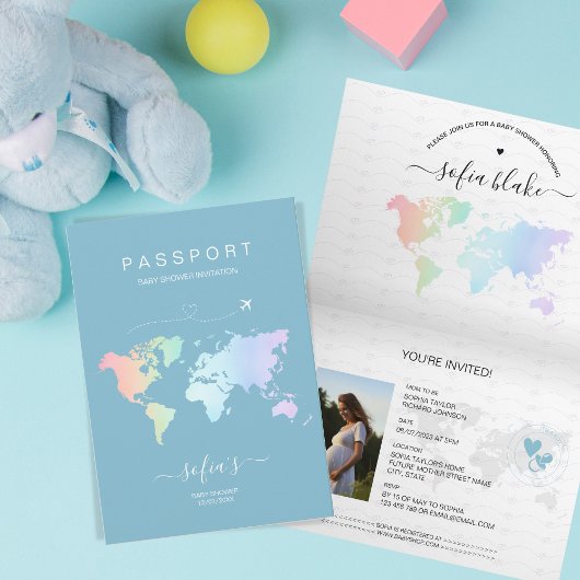 Modern Dusty Blue Passport Wereldkaart Baby shower