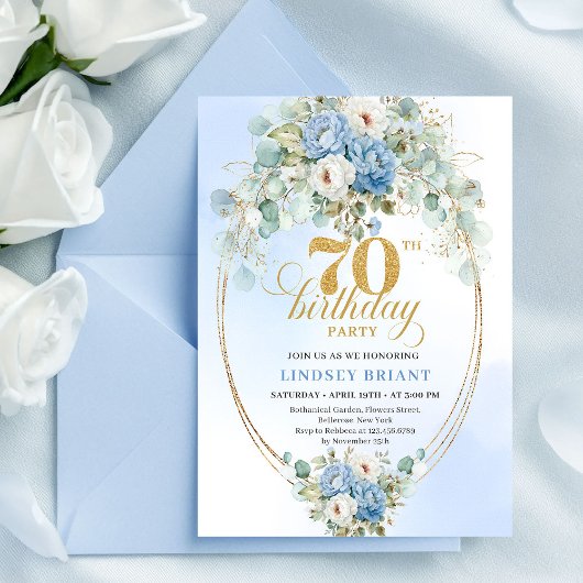 Modern Dusty Blue Peonies 70th Birthday Invitation Kaart