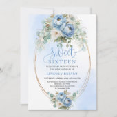 Modern Dusty Blue Peonies Eucalyptus Gold Sweet 16 Kaart (Voorkant)