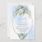 Modern Dusty Blue Peonies Eucalyptus Gold Sweet 16 Kaart (Voorkant)