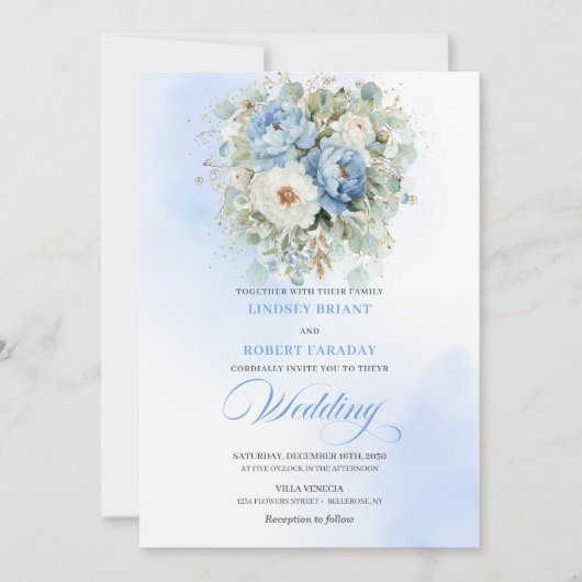 Modern Dusty Blue Peony Gold Frame Wedding Invites Kaart (Voorkant)