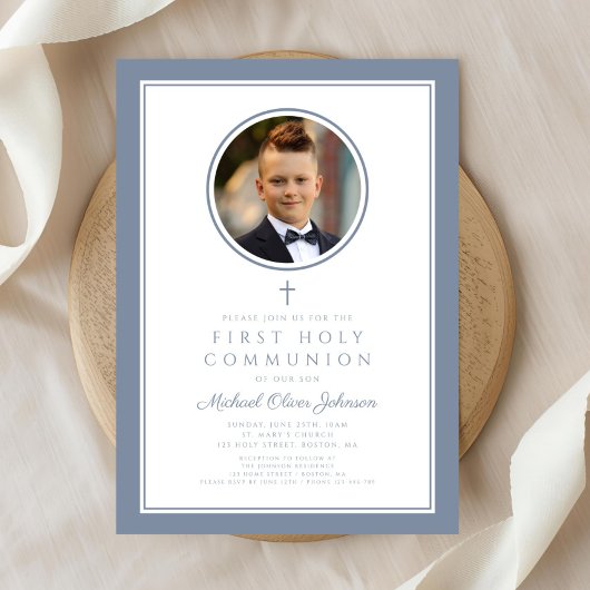 Modern Dusty Blue Photo Boy First Communion Kaart