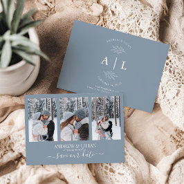 Modern Dusty Blue Photo Collage Monogram Weddensch Save The Date