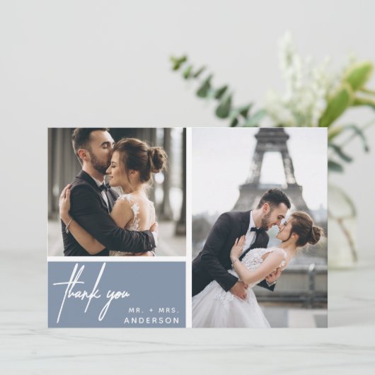 Modern Dusty Blue Photo Collage Weddenschap Hartel (Staand voorkant)