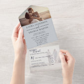 Modern Dusty Blue Photo Collage Wedding All In One Uitnodiging (Afscheurbaar)