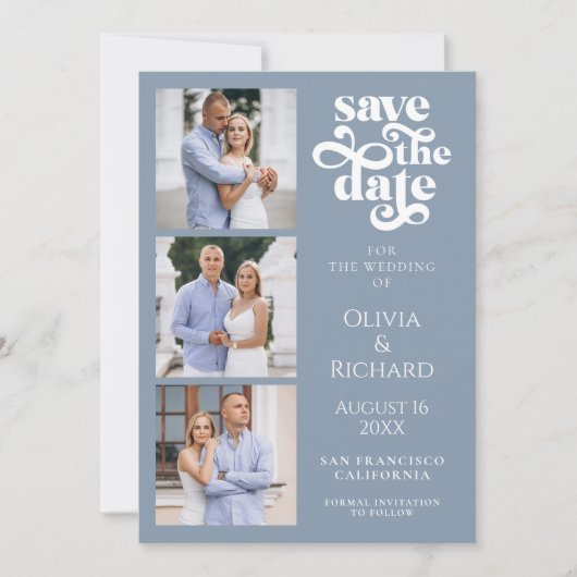 Modern Dusty Blue Photo Collage Wedding Save The Date (Voorkant)