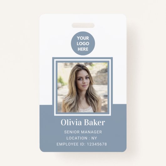 Modern Dusty Blue Photo ID Business Logo Employee Badge (Voorkant)