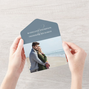 Modern Dusty Blue Photo Minimalist QR Code RSVP All In One Uitnodiging