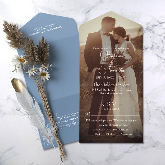 Modern Dusty Blue Photo Wedding RSVP All In One Uitnodiging