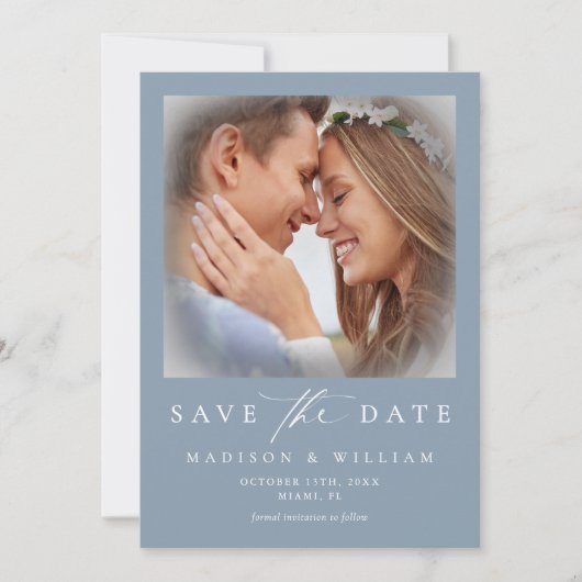 Modern Dusty Blue Photo Wedding Save the Date (Voorkant)