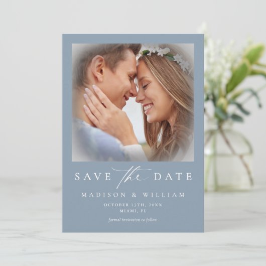 Modern Dusty Blue Photo Wedding Save the Date (Staand voorkant)