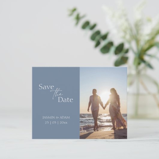 Modern Dusty Blue Photo Wedding Save the Date Briefkaart (Staand voorkant)