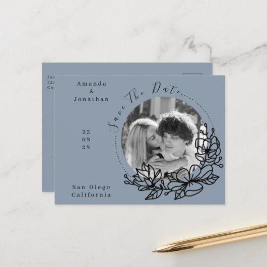 Modern Dusty Blue Photo Wedding Save the Date Briefkaart (Voorkant / Achterkant in situ)