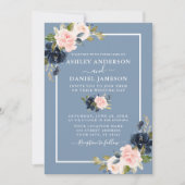 Modern Dusty Blue Pink Blush Bloemen Foto Bruiloft Kaart (Voorkant)