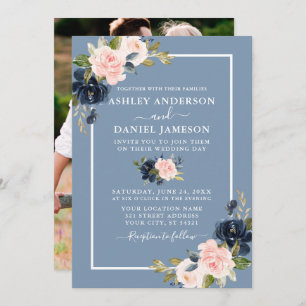 Modern Dusty Blue Pink Blush Bloemen Foto Bruiloft Kaart
