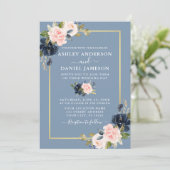 Modern Dusty Blue Pink Blush Floral Gold Wedding Kaart (Staand voorkant)
