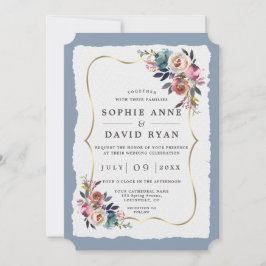 Modern Dusty Blue Pink Flowers Gold Wedding Kaart