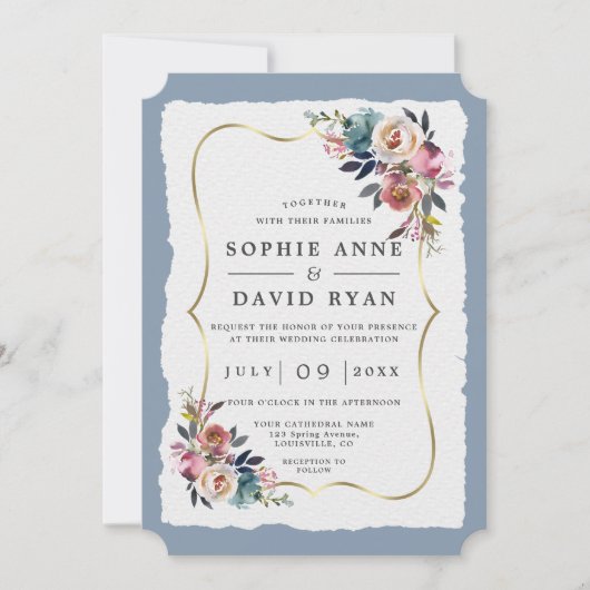 Modern Dusty Blue Pink Flowers Gold Wedding Kaart (Voorkant)