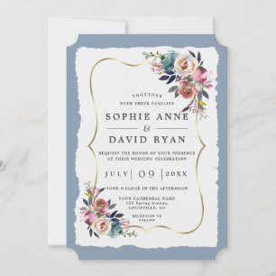 Modern Dusty Blue Pink Flowers Gold Wedding Kaart