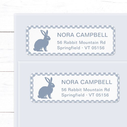 Modern Dusty Blue Rabbit Gingham Retouradres Etiket