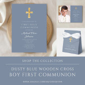 Modern Dusty Blue Religious Boy First Communion Bedankkaart
