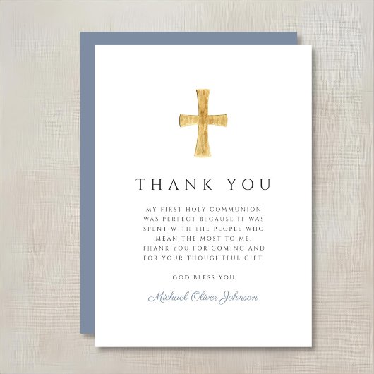 Modern Dusty Blue Religious Boy First Communion Bedankkaart