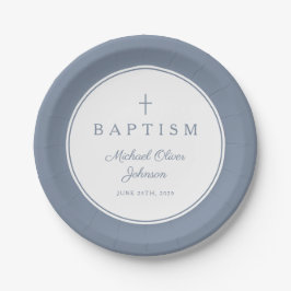 Modern Dusty Blue Religious Cross Baptism Papieren Bordje