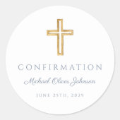 Modern Dusty Blue Religious Cross Boy Confirmation Ronde Sticker (Voorkant)