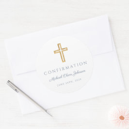 Modern Dusty Blue Religious Cross Boy Confirmation Ronde Sticker