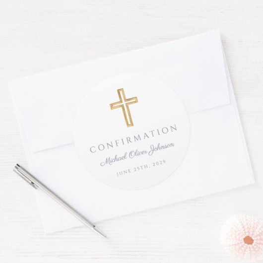 Modern Dusty Blue Religious Cross Boy Confirmation Ronde Sticker (Envelop)