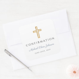 Modern Dusty Blue Religious Cross Boy Confirmation Vierkante Sticker