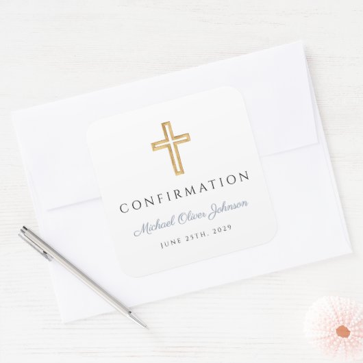 Modern Dusty Blue Religious Cross Boy Confirmation Vierkante Sticker (Envelop)