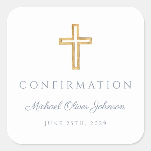 Modern Dusty Blue Religious Cross Boy Confirmation Vierkante Sticker (Voorkant)