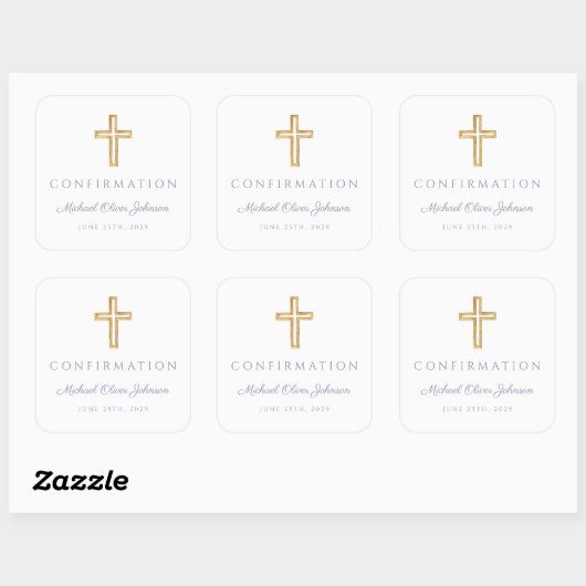 Modern Dusty Blue Religious Cross Boy Confirmation Vierkante Sticker (Vel)