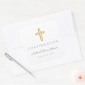 Modern Dusty Blue Religious Cross Boy Confirmation Vierkante Sticker (Envelop)