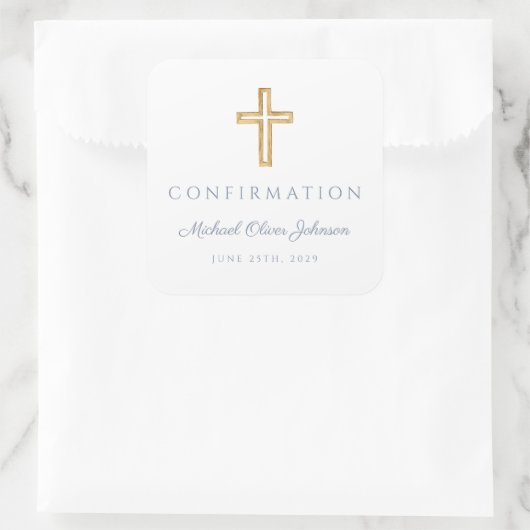 Modern Dusty Blue Religious Cross Boy Confirmation Vierkante Sticker (Tas)