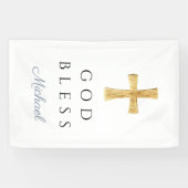 Modern Dusty Blue Religious Cross Boy God Bless Spandoek (Horizontaal)