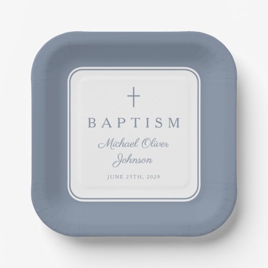 Modern Dusty Blue Religius Cross Boy Baptism Papieren Bordje (Voorkant)