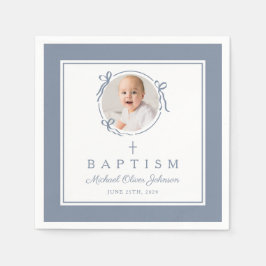 Modern Dusty Blue Religius Cross Boy Baptism Servet