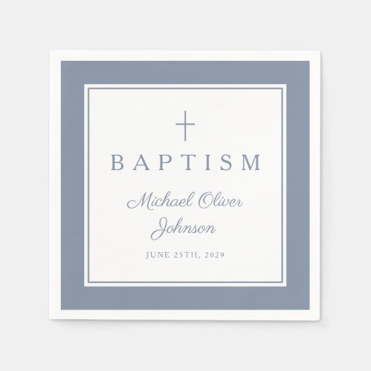 Modern Dusty Blue Religius Cross Boy Baptism Servet (Voorkant)