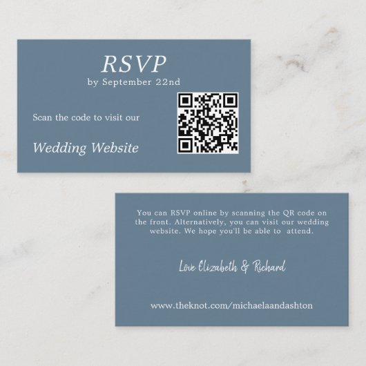 Modern Dusty Blue RSVP QR Code Bruiloft Website Informatiekaartje (Voorkant / Achterkant)
