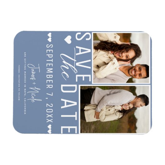 Modern Dusty Blue Save the Date 2 Foto Bruiloft Magneet (Horizontaal)